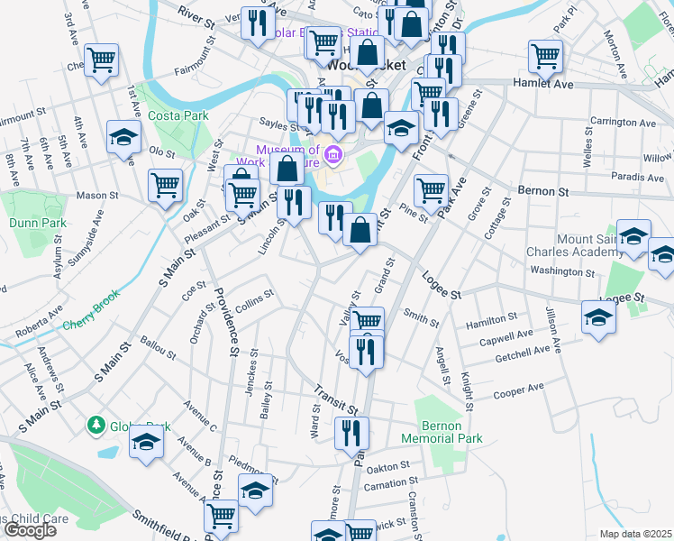 map of restaurants, bars, coffee shops, grocery stores, and more near 84 Benefit Street in Woonsocket