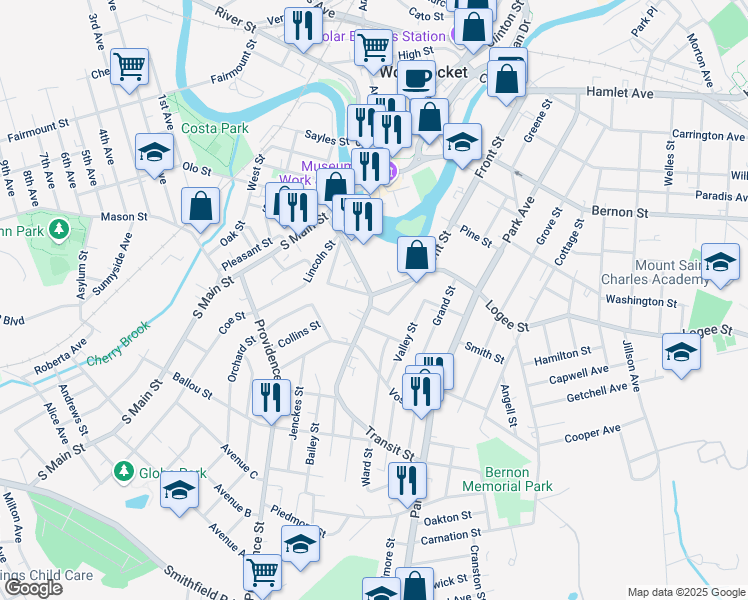 map of restaurants, bars, coffee shops, grocery stores, and more near 10 Transit Street in Woonsocket