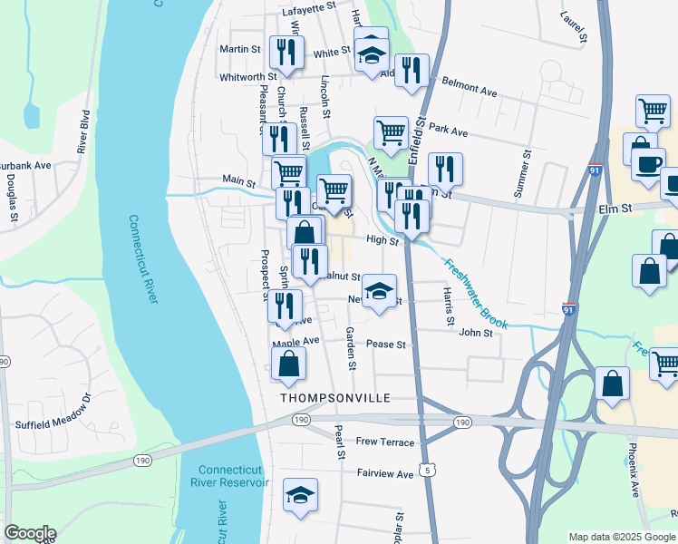 map of restaurants, bars, coffee shops, grocery stores, and more near 41 Walnut Street in Enfield