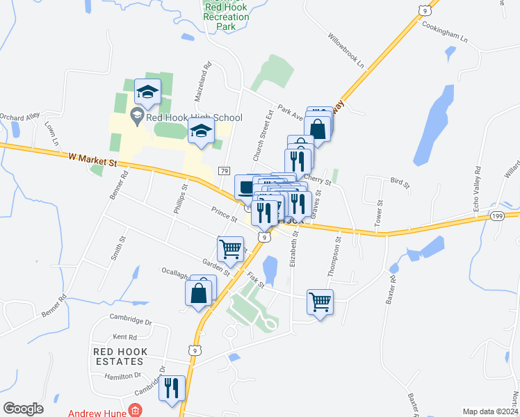 map of restaurants, bars, coffee shops, grocery stores, and more near 27 New York 199 in Red Hook