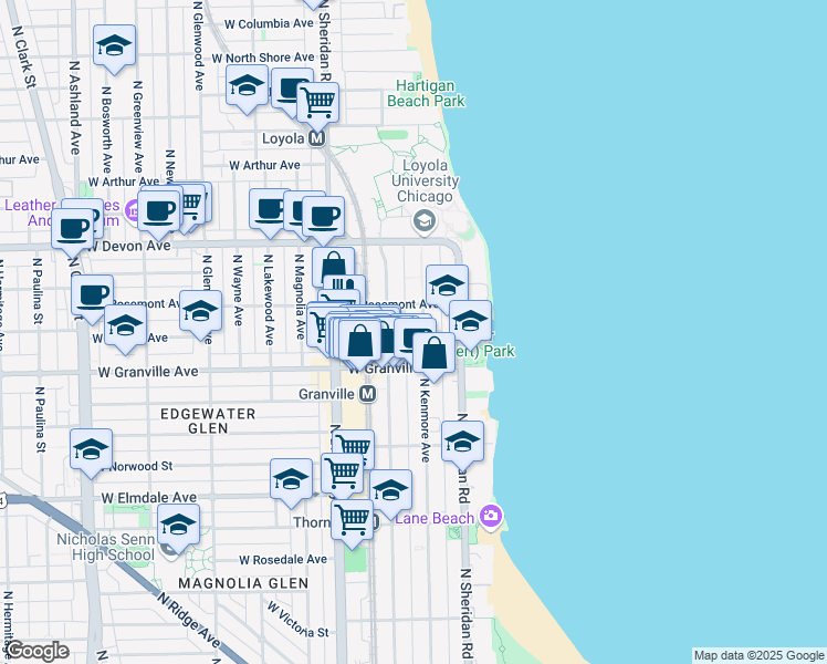map of restaurants, bars, coffee shops, grocery stores, and more near 6230 North Kenmore Avenue in Chicago