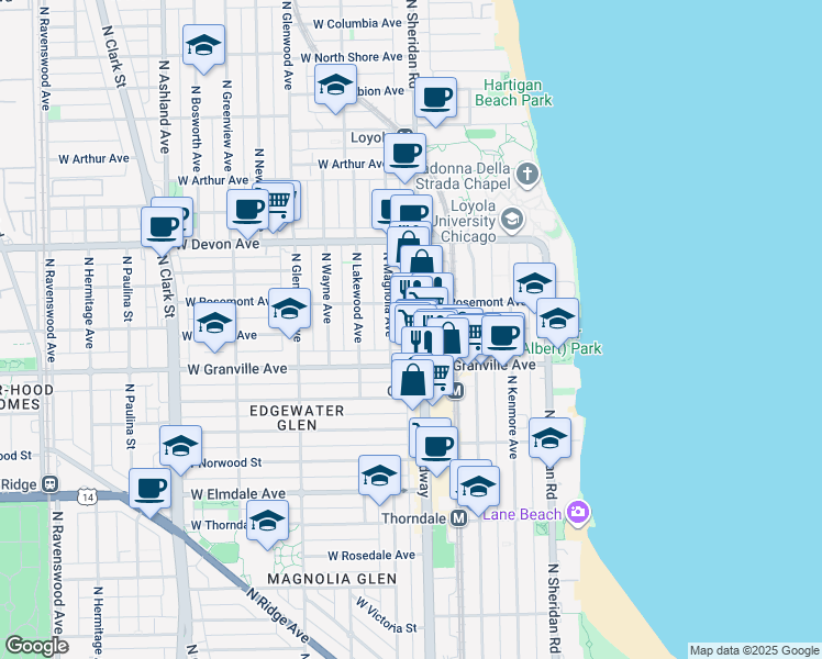 map of restaurants, bars, coffee shops, grocery stores, and more near 6231 North Magnolia Avenue in Chicago
