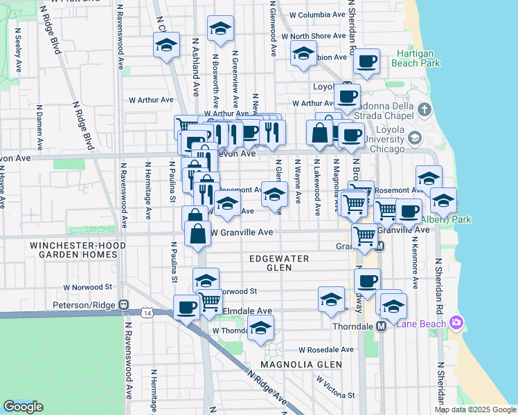 map of restaurants, bars, coffee shops, grocery stores, and more near 1414 West Thome Avenue in Chicago