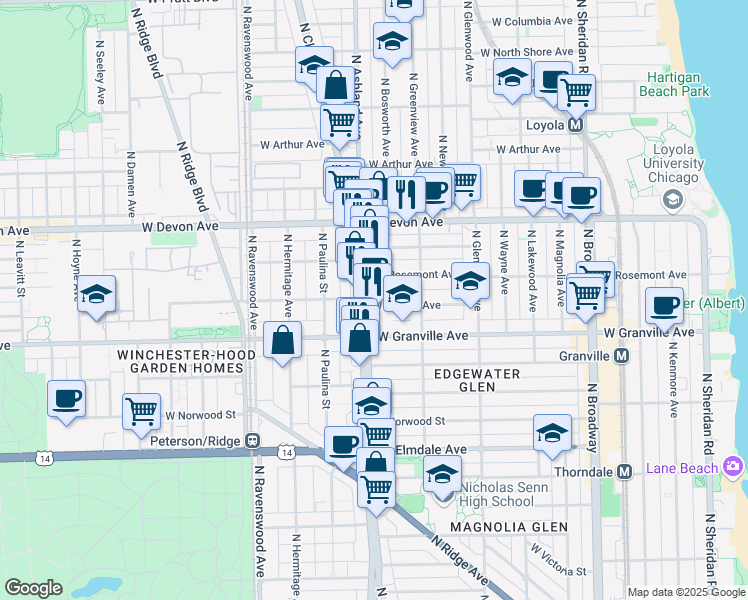 map of restaurants, bars, coffee shops, grocery stores, and more near 6248 North Clark Street in Chicago