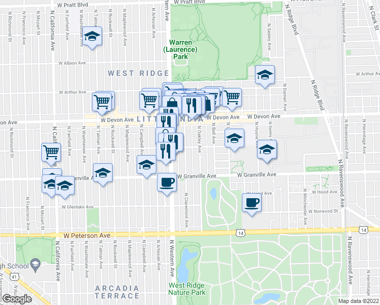 map of restaurants, bars, coffee shops, grocery stores, and more near 6245 North Claremont Avenue in Chicago