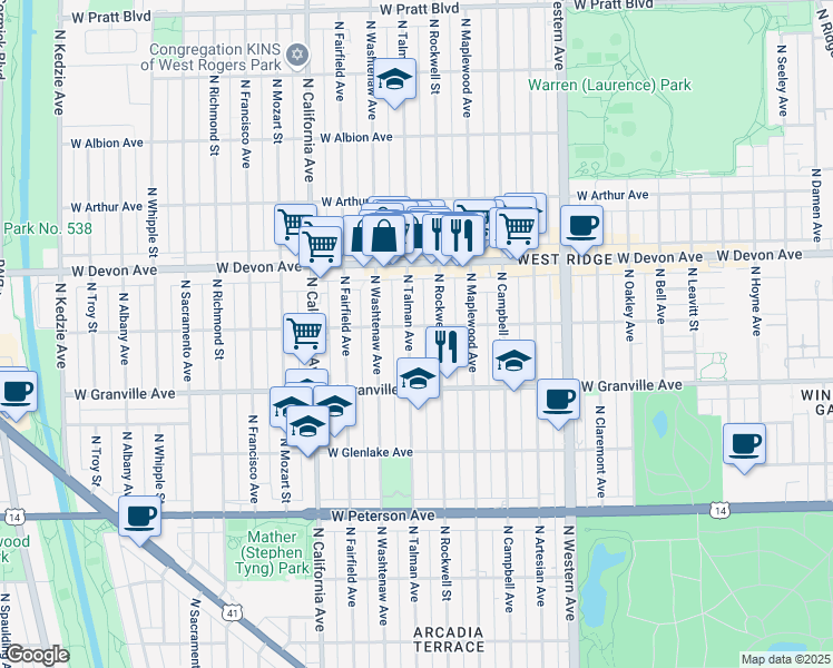 map of restaurants, bars, coffee shops, grocery stores, and more near 6250 North Talman Avenue in Chicago