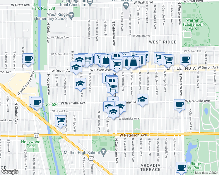 map of restaurants, bars, coffee shops, grocery stores, and more near 6257 North Mozart Street in Chicago