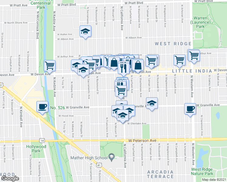 map of restaurants, bars, coffee shops, grocery stores, and more near 6257 North Mozart Street in Chicago