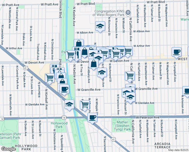 map of restaurants, bars, coffee shops, grocery stores, and more near 6253 North Albany Avenue in Chicago