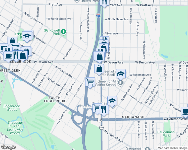 map of restaurants, bars, coffee shops, grocery stores, and more near 6246 North La Crosse Avenue in Chicago