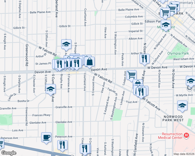 map of restaurants, bars, coffee shops, grocery stores, and more near 430 Talcott Place in Park Ridge
