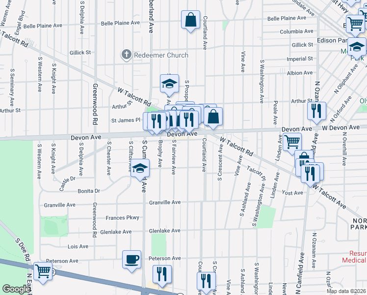 map of restaurants, bars, coffee shops, grocery stores, and more near 1229 South Prospect Avenue in Park Ridge