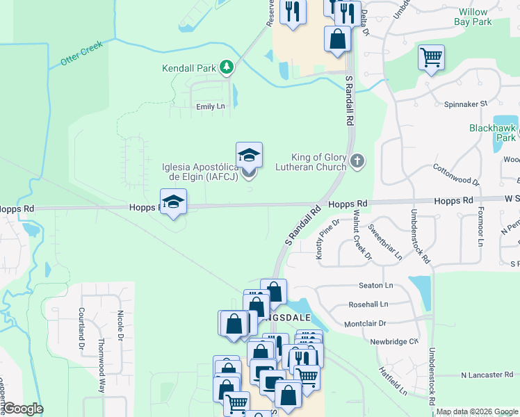 map of restaurants, bars, coffee shops, grocery stores, and more near 36-37 Hopps Road in Elgin