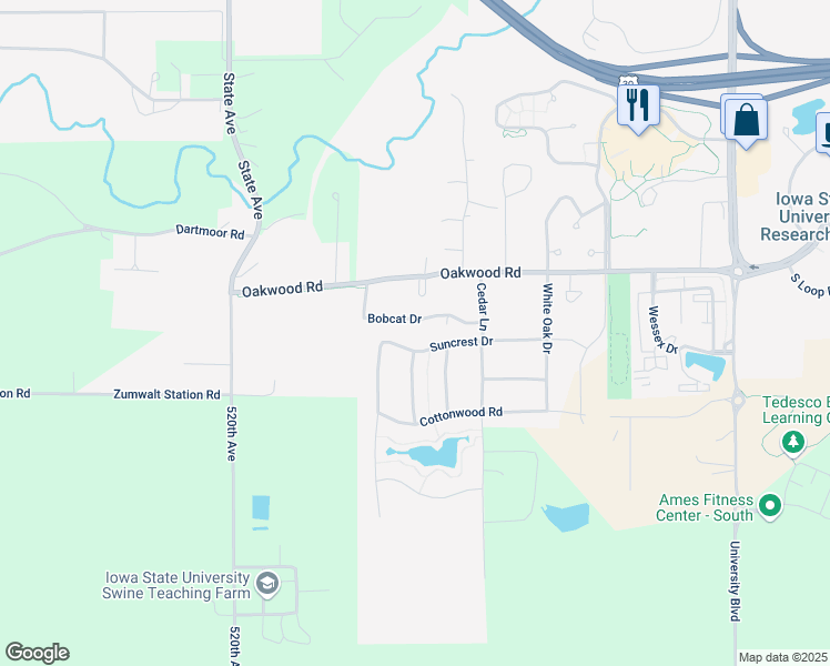 map of restaurants, bars, coffee shops, grocery stores, and more near 2618 Bobcat Drive in Ames