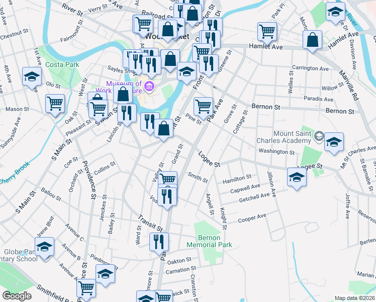 map of restaurants, bars, coffee shops, grocery stores, and more near 557 Park Avenue in Woonsocket