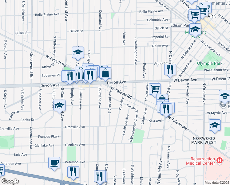 map of restaurants, bars, coffee shops, grocery stores, and more near 430 Talcott Place in Park Ridge