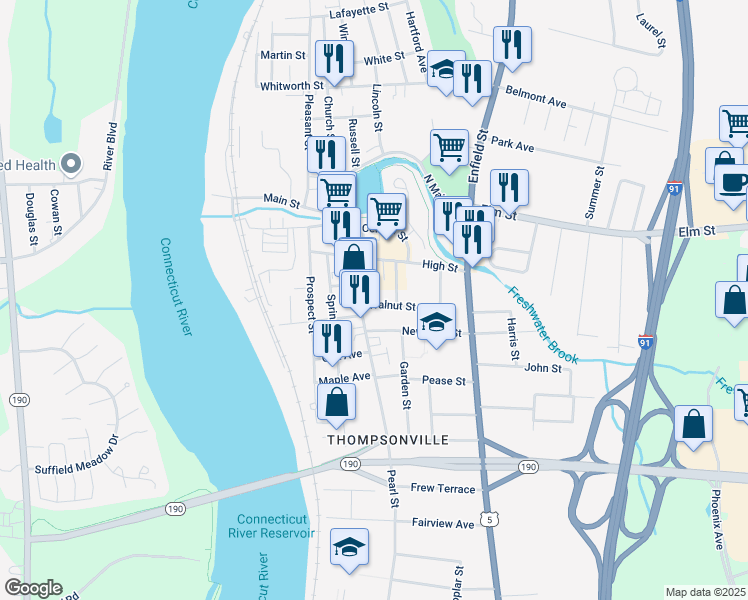 map of restaurants, bars, coffee shops, grocery stores, and more near 11 Walnut Street in Enfield