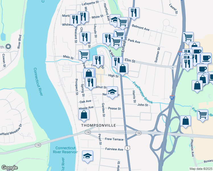 map of restaurants, bars, coffee shops, grocery stores, and more near 41 Walnut Street in Enfield