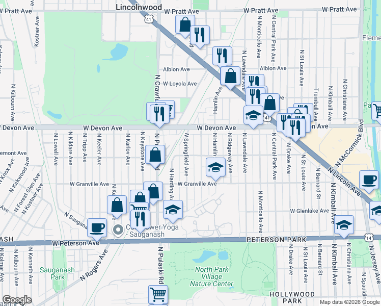 map of restaurants, bars, coffee shops, grocery stores, and more near 6301 North Springfield Avenue in Chicago