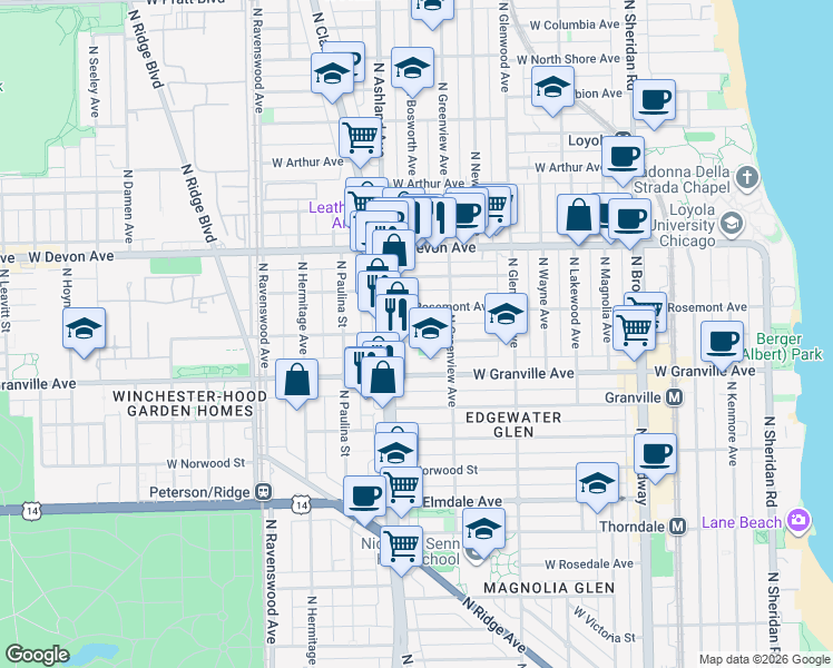 map of restaurants, bars, coffee shops, grocery stores, and more near 1532 West Thome Avenue in Chicago