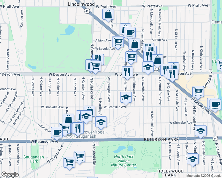 map of restaurants, bars, coffee shops, grocery stores, and more near 6301 North Springfield Avenue in Chicago