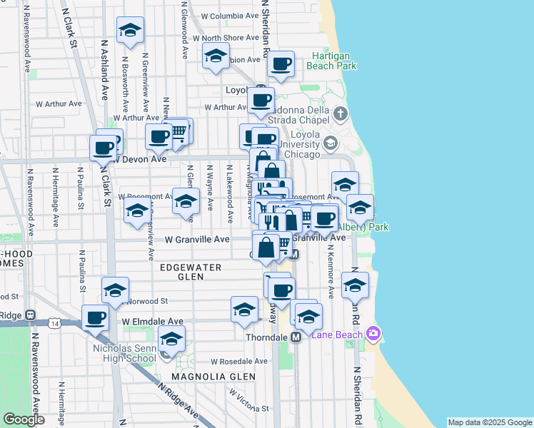 map of restaurants, bars, coffee shops, grocery stores, and more near 6231 North Magnolia Avenue in Chicago