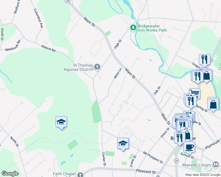 map of restaurants, bars, coffee shops, grocery stores, and more near 98 Mary Lane in Bridgewater