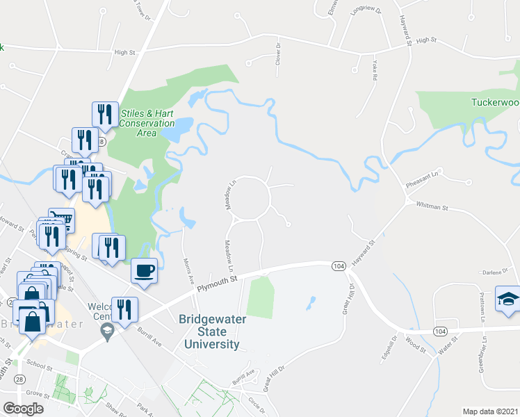 map of restaurants, bars, coffee shops, grocery stores, and more near 14 Meadow Lane in Bridgewater
