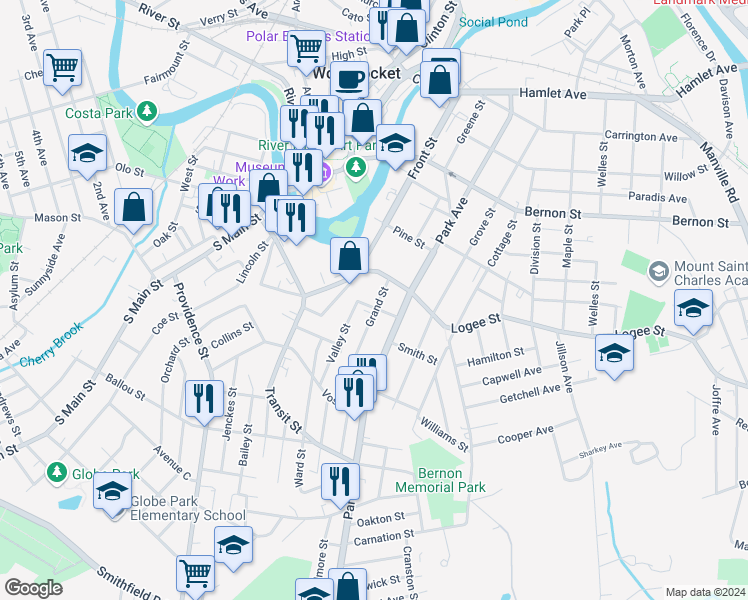 map of restaurants, bars, coffee shops, grocery stores, and more near 55 Grand Street in Woonsocket