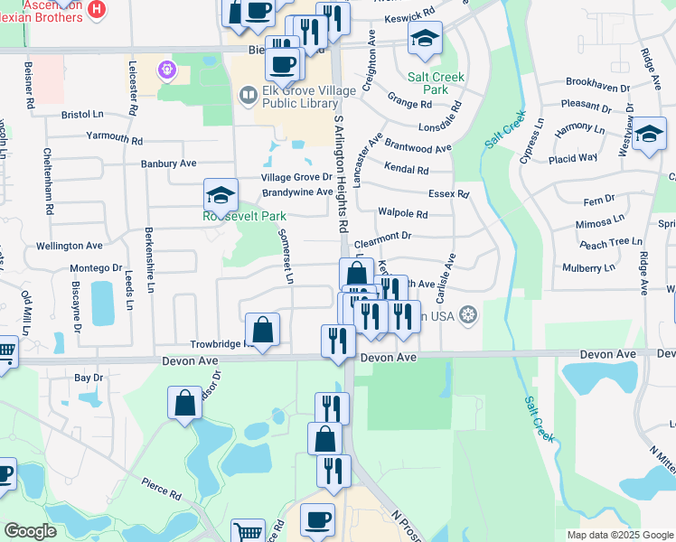 map of restaurants, bars, coffee shops, grocery stores, and more near 101 Parkchester Road in Elk Grove Village