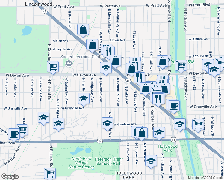 map of restaurants, bars, coffee shops, grocery stores, and more near 6301 North Monticello Avenue in Chicago