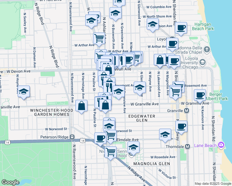 map of restaurants, bars, coffee shops, grocery stores, and more near 1526 West Thome Avenue in Chicago