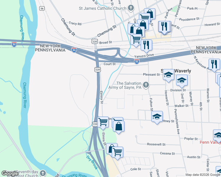 map of restaurants, bars, coffee shops, grocery stores, and more near 349-357 Loder Street in South Waverly