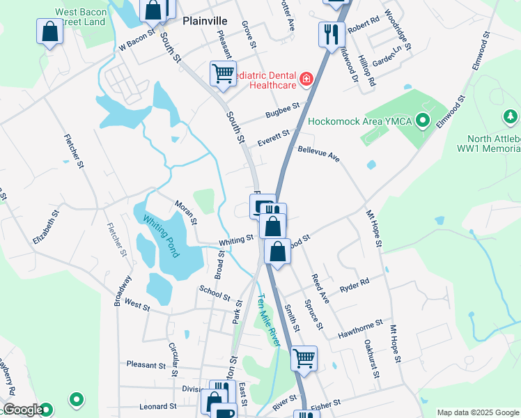 map of restaurants, bars, coffee shops, grocery stores, and more near 179a Park Street in North Attleborough