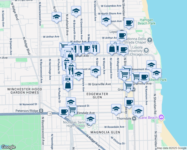 map of restaurants, bars, coffee shops, grocery stores, and more near 1414 West Thome Avenue in Chicago