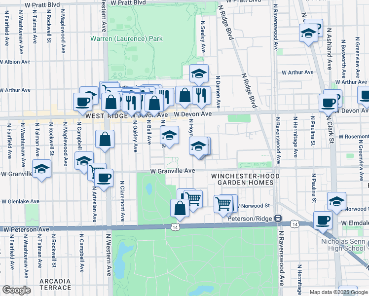 map of restaurants, bars, coffee shops, grocery stores, and more near 6242 North Hoyne Avenue in Chicago