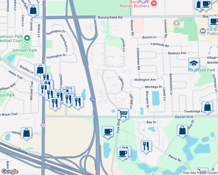 map of restaurants, bars, coffee shops, grocery stores, and more near 815 Spring Creek Court in Elk Grove Village