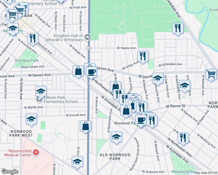 map of restaurants, bars, coffee shops, grocery stores, and more near 6255 North Northwest Highway in Chicago