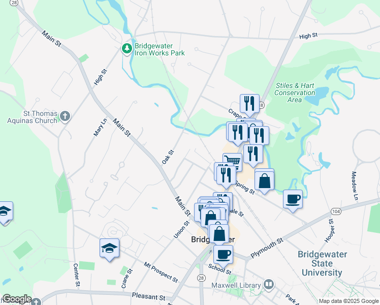 map of restaurants, bars, coffee shops, grocery stores, and more near 75 Hammond Street in Bridgewater