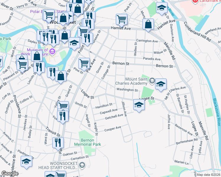 map of restaurants, bars, coffee shops, grocery stores, and more near 50 Cleveland Street in Woonsocket