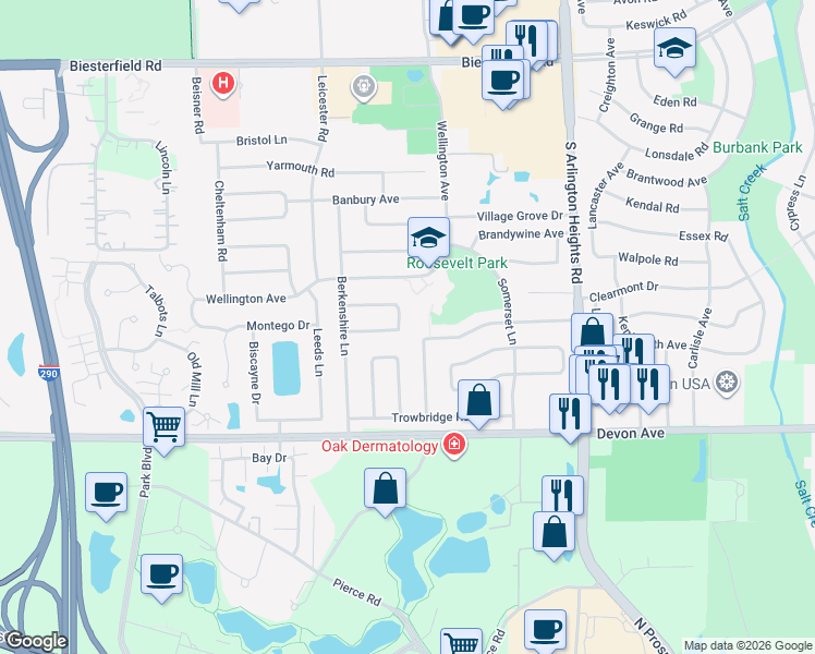 map of restaurants, bars, coffee shops, grocery stores, and more near 248 Parkchester Road in Elk Grove Village