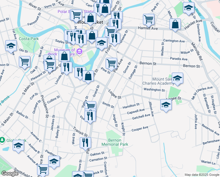 map of restaurants, bars, coffee shops, grocery stores, and more near 546 Park Avenue in Woonsocket