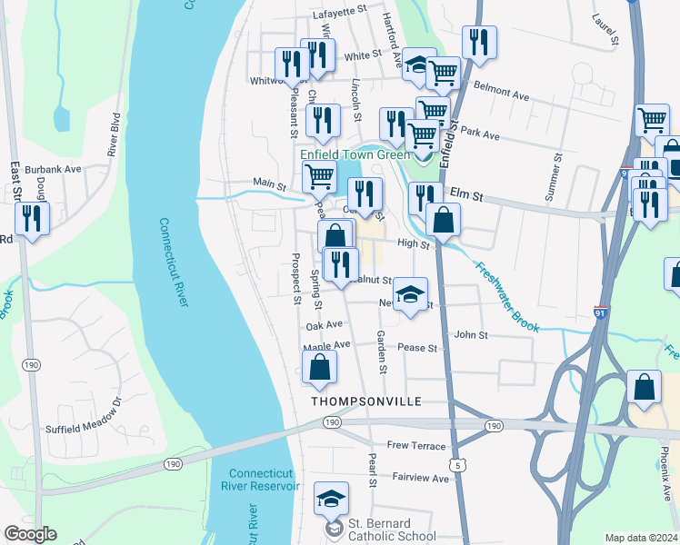 map of restaurants, bars, coffee shops, grocery stores, and more near 11 Walnut Street in Enfield