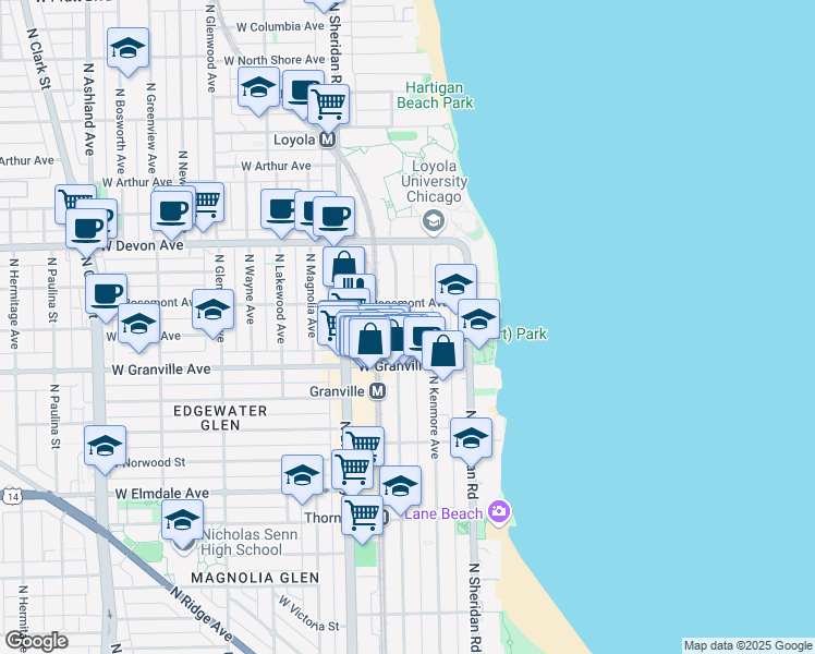 map of restaurants, bars, coffee shops, grocery stores, and more near 6228 North Winthrop Avenue in Chicago