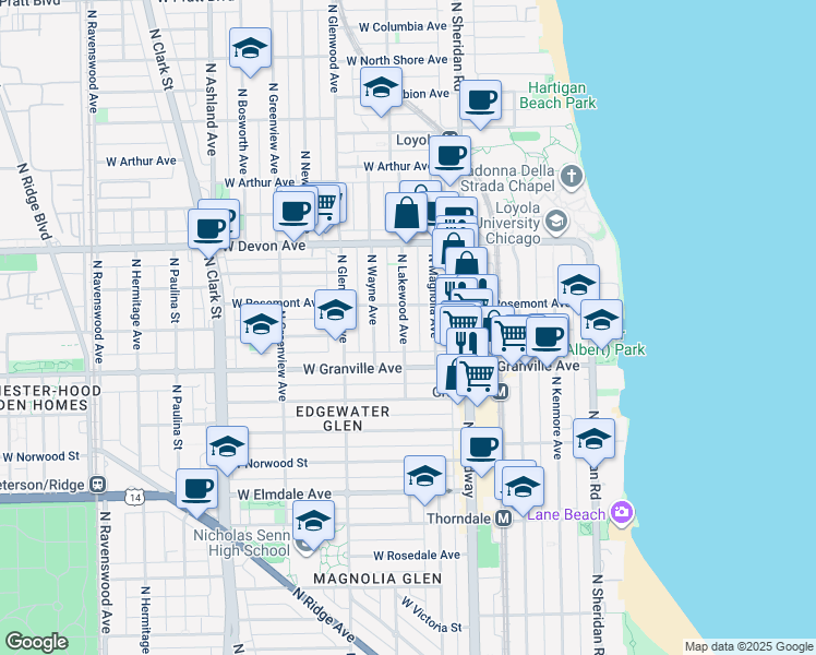 map of restaurants, bars, coffee shops, grocery stores, and more near 6234 North Lakewood Avenue in Chicago