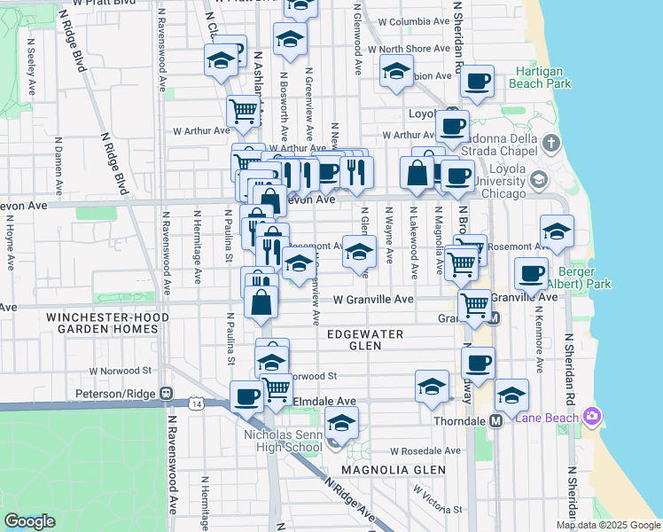 map of restaurants, bars, coffee shops, grocery stores, and more near 1454 West Thome Avenue in Chicago