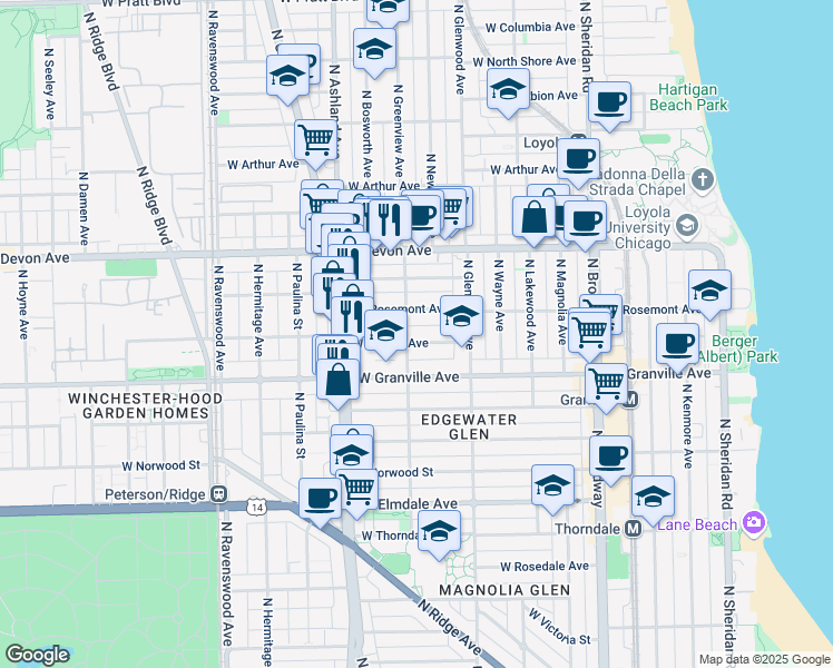 map of restaurants, bars, coffee shops, grocery stores, and more near 1454 West Thome Avenue in Chicago