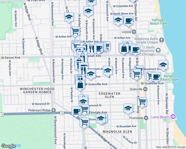 map of restaurants, bars, coffee shops, grocery stores, and more near 1454 West Thome Avenue in Chicago