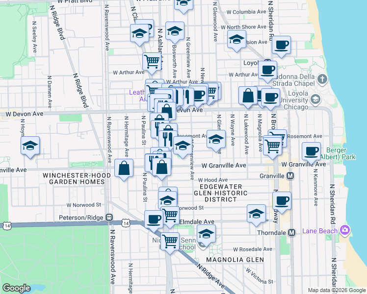 map of restaurants, bars, coffee shops, grocery stores, and more near 1526 West Thome Avenue in Chicago