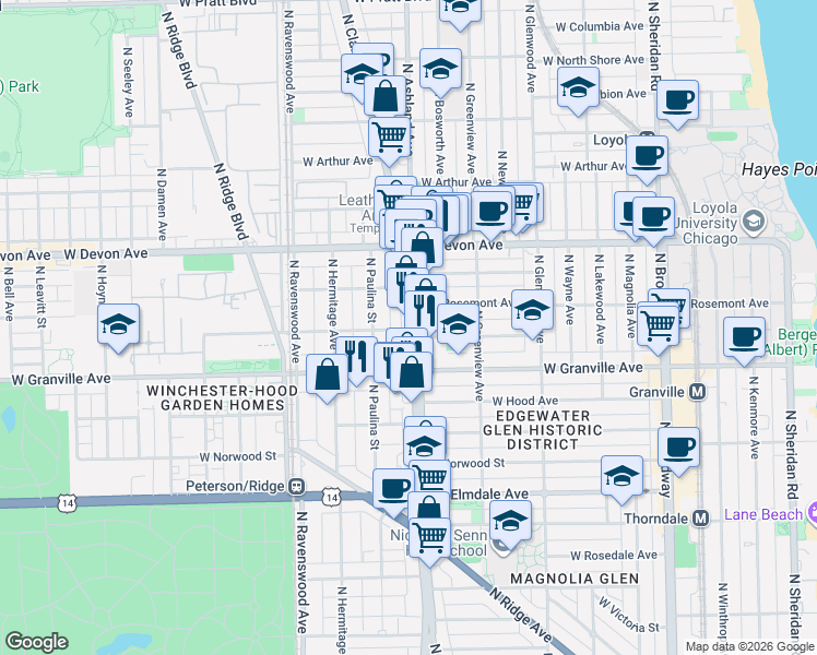 map of restaurants, bars, coffee shops, grocery stores, and more near in Chicago